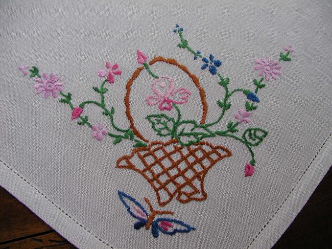 So sweet tray cloth with embroidered basket of flowers and butterfly