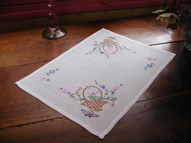 So sweet tray cloth with embroidered basket of flowers and butterfly