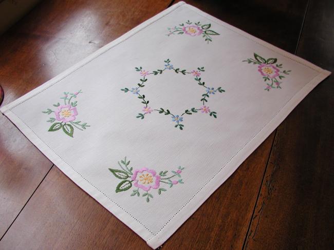 Lovely tray cloth with hand-embroidered flowers