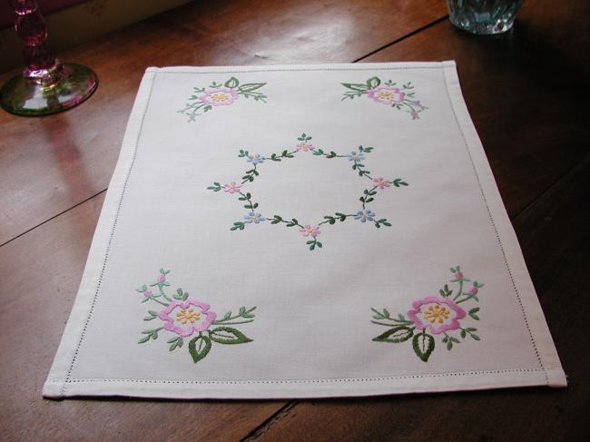 Lovely tray cloth with hand-embroidered flowers