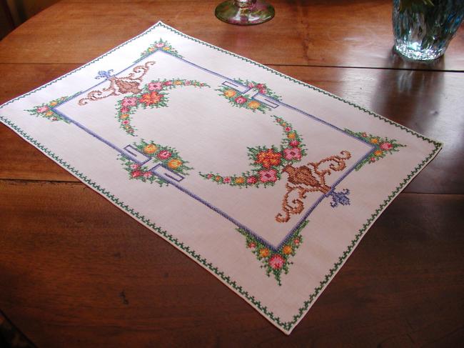 Lovely cross stitches table centre with vibrant colors