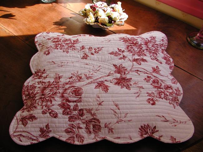 Charming pair of cushion slips in Toile de Jouy, quilt style, red color,#3