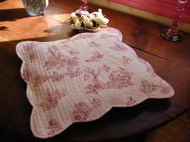 Sweet pair of cushion slip in Toile de Jouy, quilt style, red color