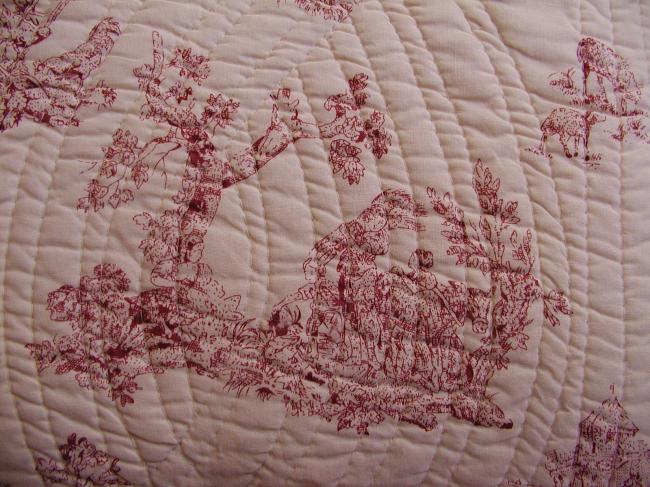 Sweet pair of cushion slip in Toile de Jouy, quilt style, red color