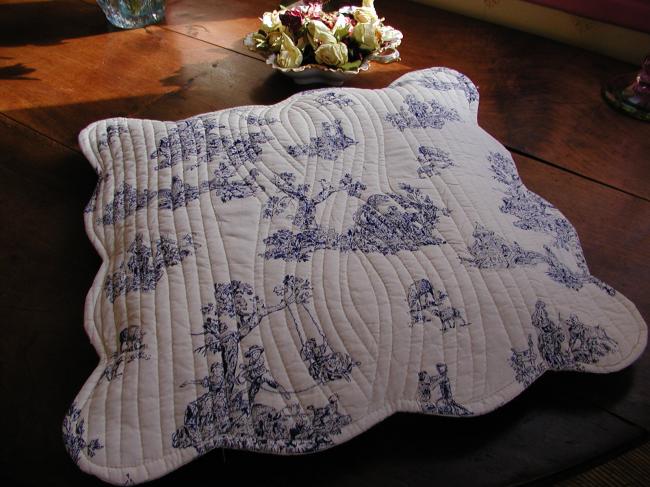 Very charming pair of cushion slips in Toile de Jouy, quilt style, blue color,#1