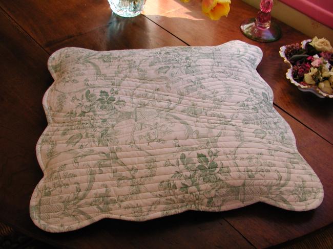 2 housses de coussin en toile de Jouy, décor de vases Médicis,  vert amande