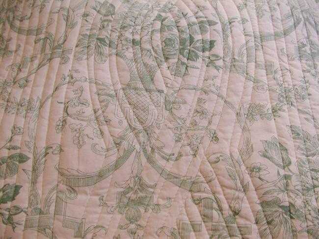Lovely pair of cushion slips in Toile de Jouy, quilt style, green color, #3