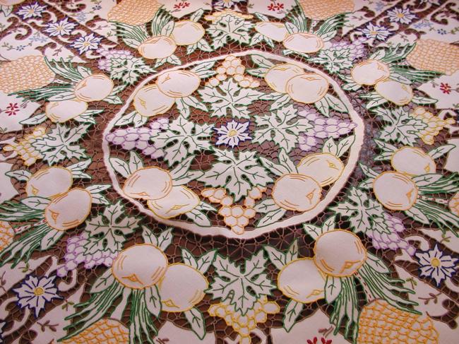 Masterpiece of tablecloth in Madeira work, rich color,embroidered exotic fruits