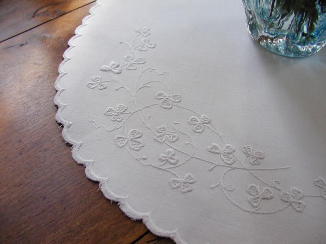 Marvellous oval table centre in irish Mountmellick white embroidery