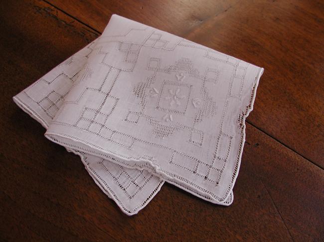 Superb handkerchief with rich drawn thread and white work on linon of linen