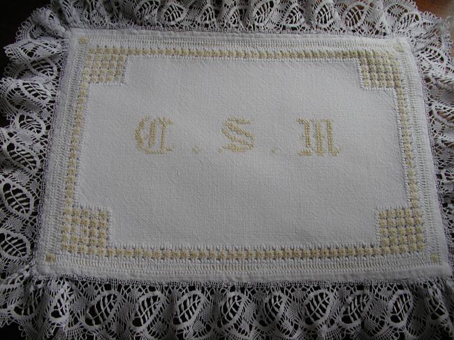 Gorgeous night dress case with golden embroidery and monogram, bobbin lace