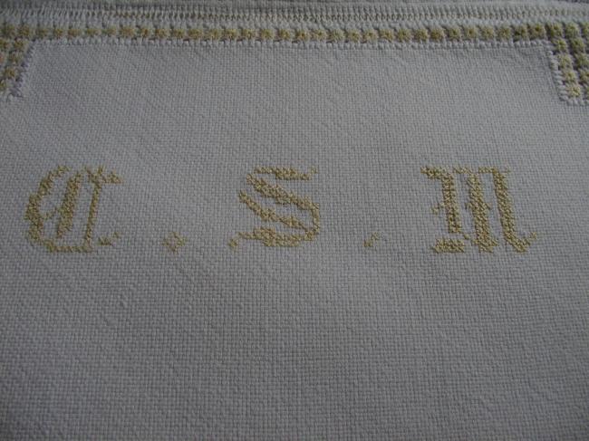 Gorgeous night dress case with golden embroidery and monogram, bobbin lace