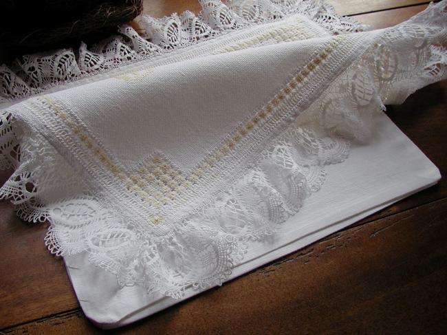 Gorgeous night dress case with golden embroidery and monogram, bobbin lace