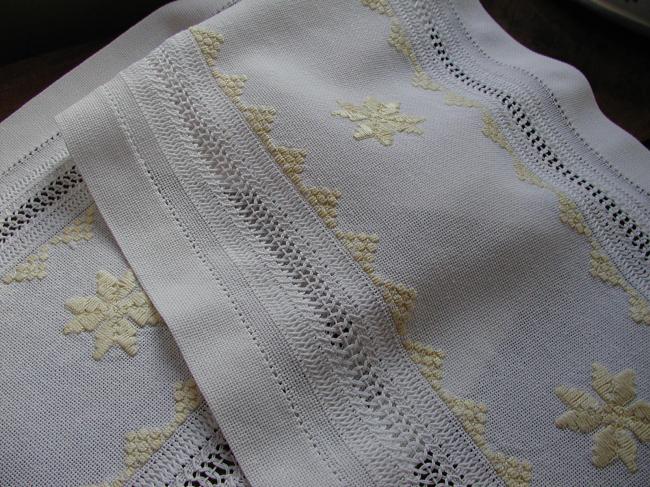 Fabulous and huge table runner with golden embroidery and drawn thread work 1880