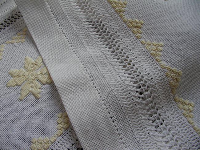 Fabulous and huge table runner with golden embroidery and drawn thread work 1880