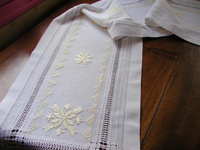 Fabulous and huge table runner with golden embroidery and drawn thread work 1880