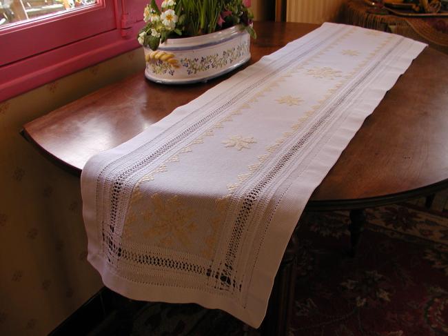 Fabulous and huge table runner with golden embroidery and drawn thread work 1880