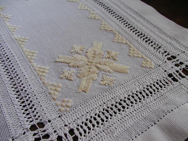 Fabulous and huge table runner with golden embroidery and drawn thread work 1880