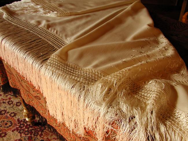 Superbe châle de baptême en étamine de laine brodé et longues franges
