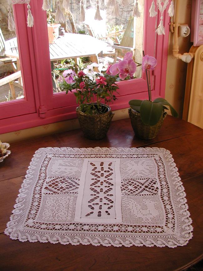 Wonderful table centre in Richelieu, bobbin lace, crochet and irish guipure lace
