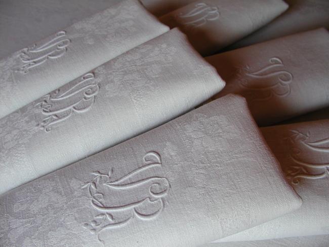 Merveilleuse nappe et ses 9 serviettes en damassé de Volubis 1900, mono VR