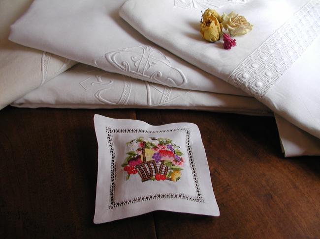 So romantic lavander sachet with hand-embroidered basket of flowers