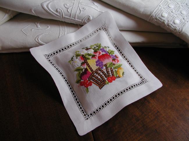 So romantic lavander sachet with hand-embroidered basket of flowers