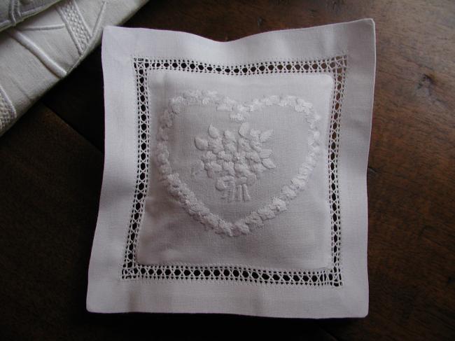 Charming lavander sachet with hand-embroidered heart and flowers bouquet