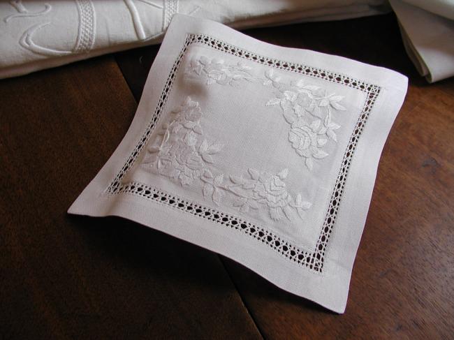 Gracious lavander sachet with hand-embroidered white roses