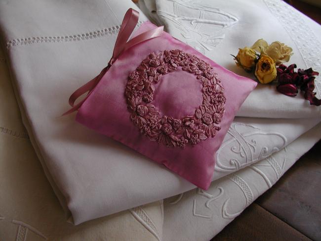 2 Luxuroux silk taffetas lavander sachet, hand embroidered ribbons crown flowers