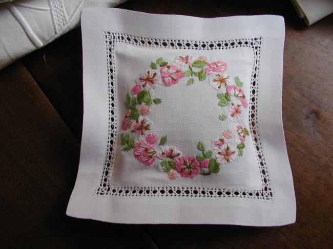 Romantic lavender sachet with hand-embroidered crown of flowers