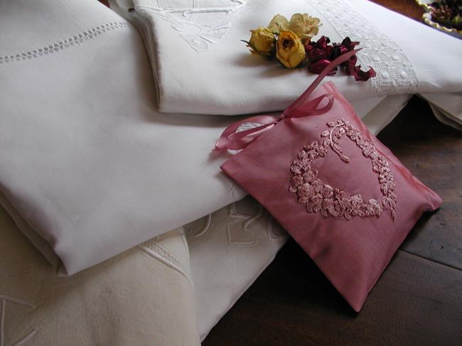 Luxurous silk taffetas lavander sachet with hand-embroidered heart of flowers