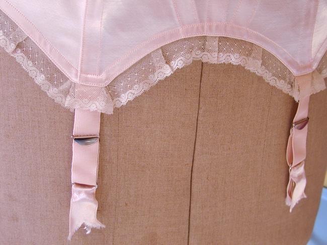 Gorgeous 1920 suspender belt in pink silk with Valenciennes lace