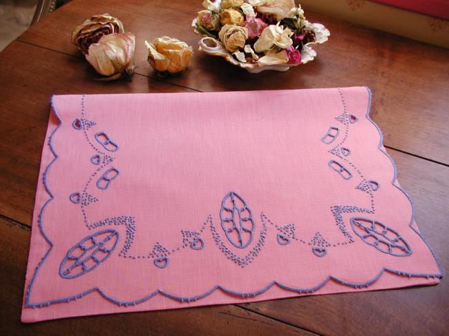 Gorgeous pink night case with blue hand-embroidery 1930