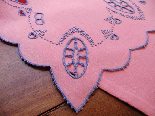 Gorgeous pink night case with blue hand-embroidery 1930