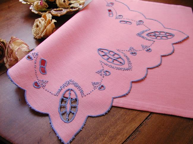Gorgeous pink night case with blue hand-embroidery 1930