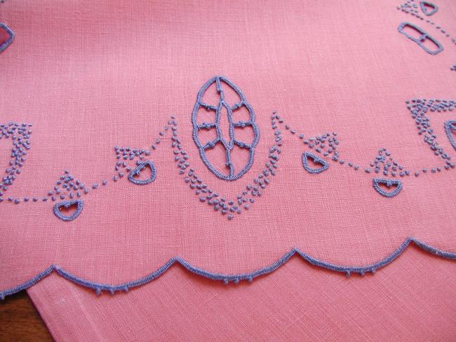 Gorgeous pink night case with blue hand-embroidery 1930