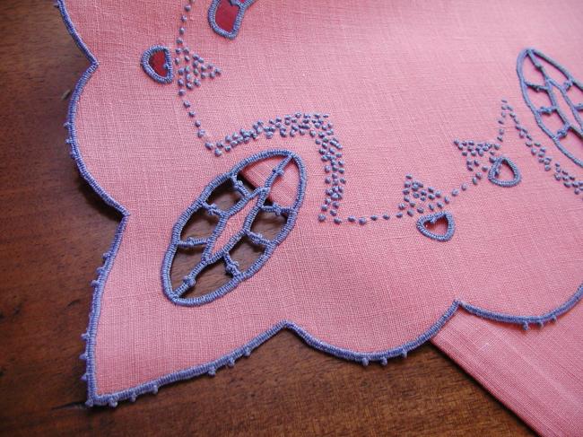 Gorgeous pink night case with blue hand-embroidery 1930