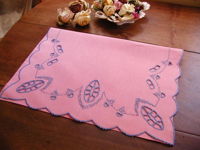 Gorgeous pink night case with blue hand-embroidery 1930