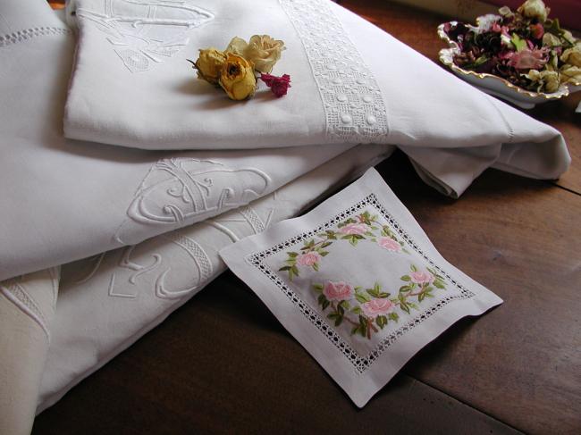 Charming lavander sachet with hand-embroidered roses and foliage