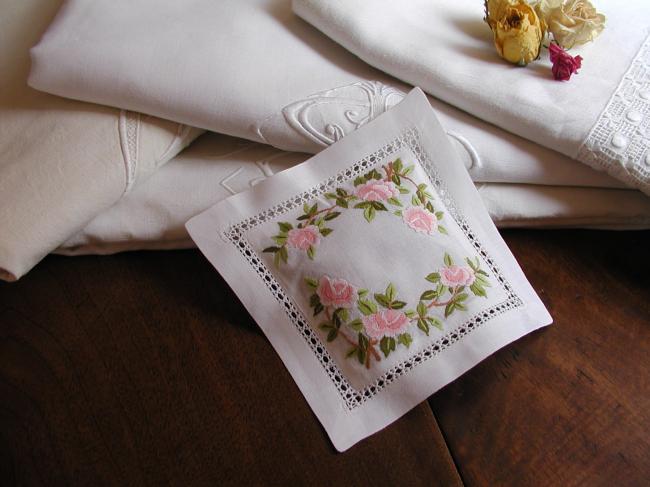 Charming lavander sachet with hand-embroidered roses and foliage