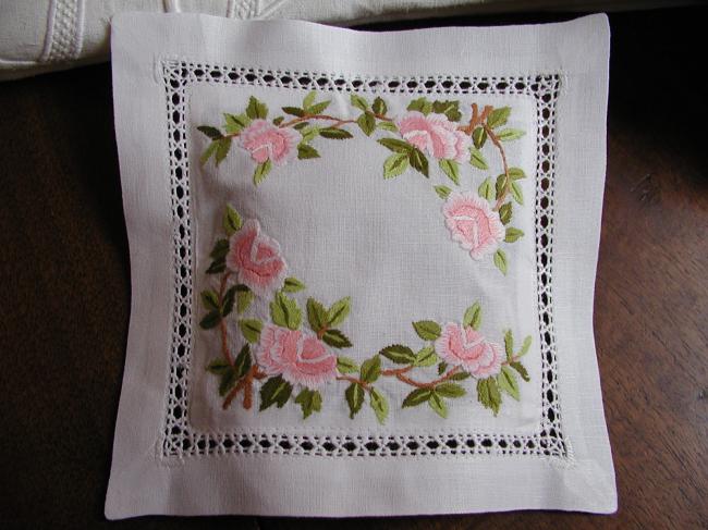 Charming lavander sachet with hand-embroidered roses and foliage