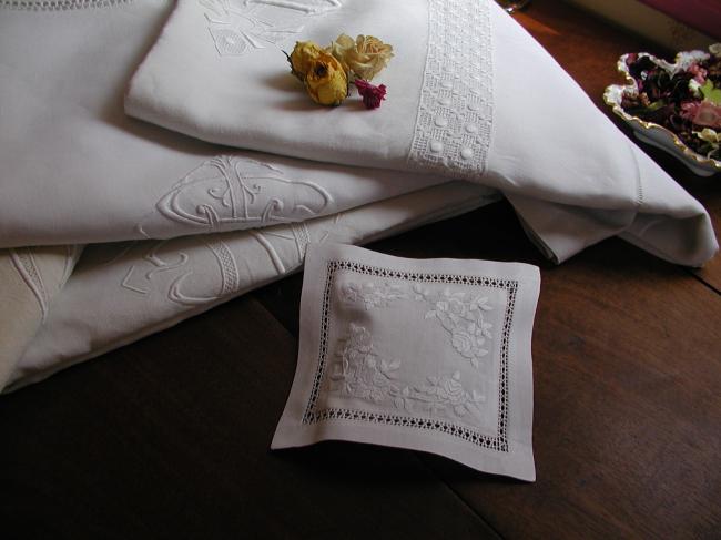 Charming lavander sachet with hand-embroidered white roses and foliage