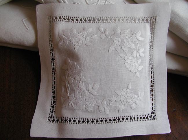 Charming lavander sachet with hand-embroidered white roses and foliage