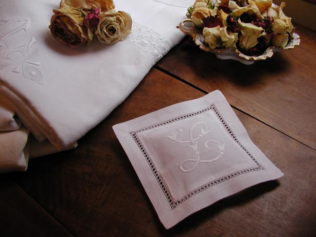 Charming lavander sachet with hand-embroidered monogram L