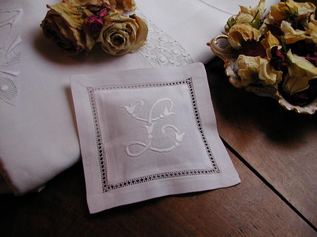 Charming lavander sachet with hand-embroidered monogram L