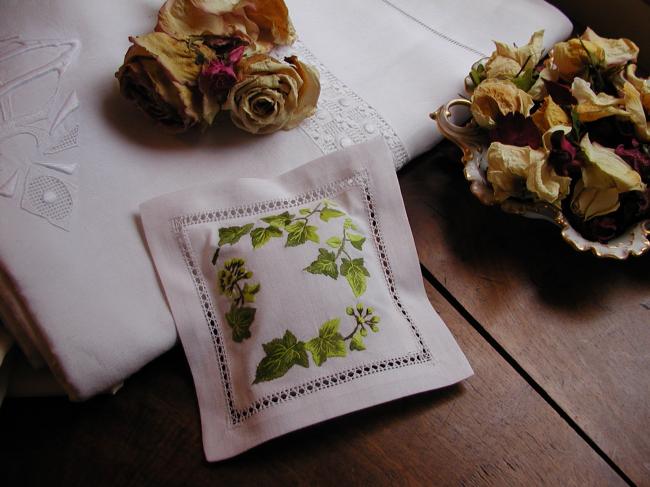 Lovely lavender sachet with hand-embroidered ivy leaves