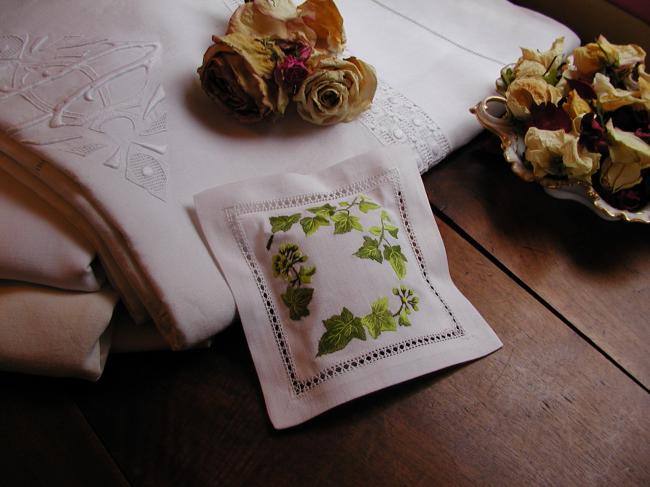 Lovely lavender sachet with hand-embroidered ivy leaves