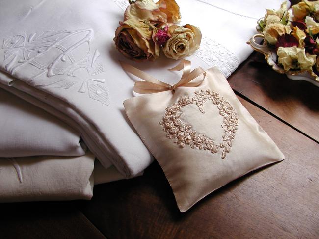 Luxureous silk lavander sachet with hand-embroidered ribbon heart , ecru color