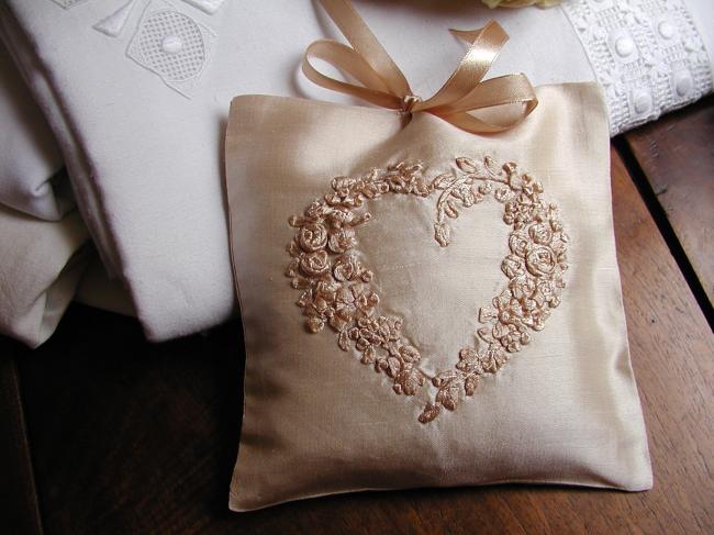 Luxureous silk lavander sachet with hand-embroidered ribbon heart , ecru color